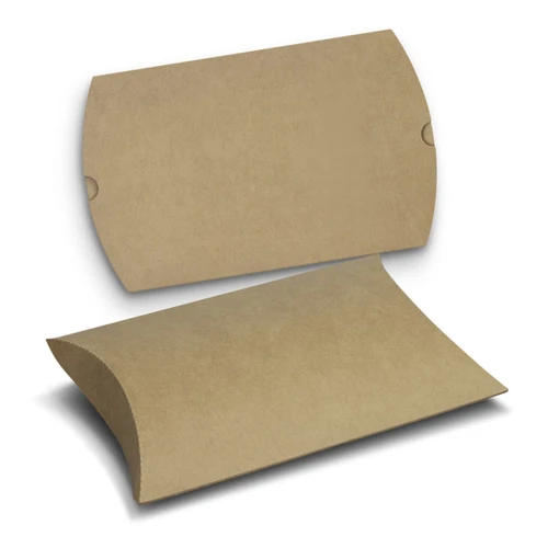 A medium, brown pillow box made of cardboard, featuring a curved design with two flaps.