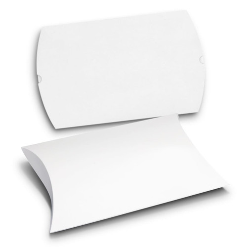 A large white pillow box with a smooth surface and a curved design, featuring a branding logo.