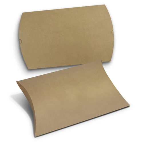 Two extra-large brown pillow boxes made of kraft paper, featuring a curved design and one displaying a logo.