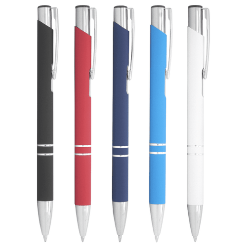 A collection of five metal ballpoint pens in black, red, blue, and white, with a branded design. A collection of five metal ballpoint pens in black, red, blue, and white, with a branded design.