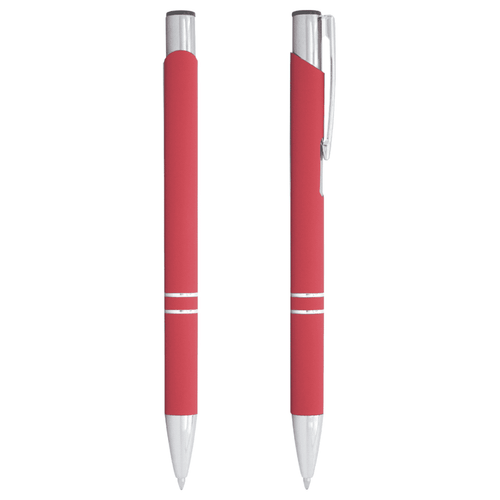 A red metal ballpoint pen with a sleek design and silver accents, featuring a clip and a smooth click action. A red metal ballpoint pen with a sleek design and silver accents, featuring a clip and a smooth click action.