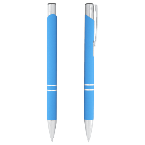 A blue metal ballpoint pen with chrome accents and a smooth grip, featuring a clip and a logo. A blue metal ballpoint pen with chrome accents and a smooth grip, featuring a clip and a logo.