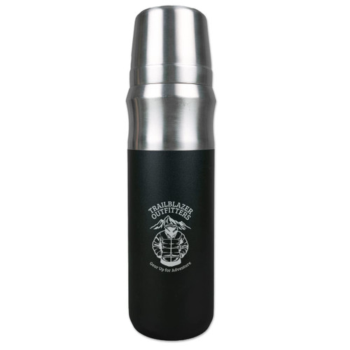 A drink bottle with a stainless steel top and a matte black body, featuring a logo.