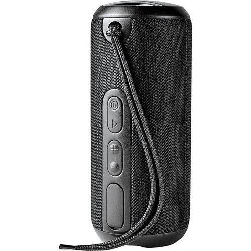 A black rugged fabric waterproof Bluetooth speaker with controls and a strap for easy carrying. A black rugged fabric waterproof Bluetooth speaker with controls and a strap for easy carrying.