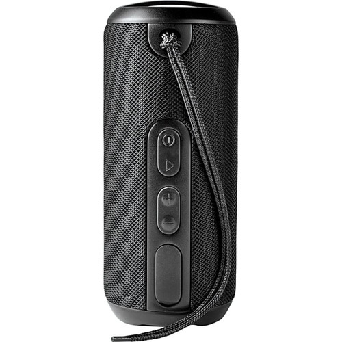 A black, rugged fabric waterproof Bluetooth speaker with buttons and a strap for easy carrying. A black, rugged fabric waterproof Bluetooth speaker with buttons and a strap for easy carrying.