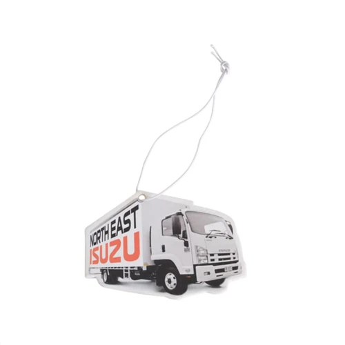 A custom car air freshener shaped like a truck, predominantly white with a graphic and string for hanging.