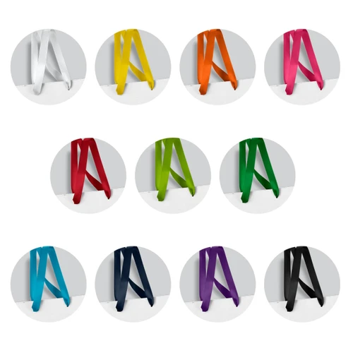 A selection of small ribbon handle paper bags in various colours, including white, yellow, orange, pink, green, black, navy, and purple, with branding.