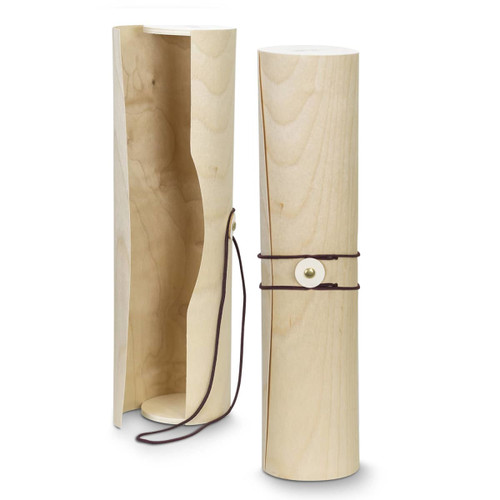 A drink bottle in a natural wood finish, featuring an attached leather strap and an ornate button detail.