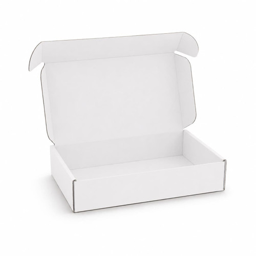 A white custom box with a locking lid, measuring 290 x 175 x 60mm, displayed in an open position.