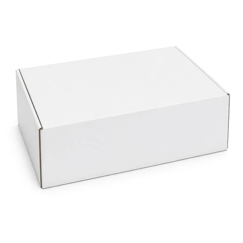 A white box with a locking lid, measuring 410 x 255 x 150mm, featuring a simple design and a logo.