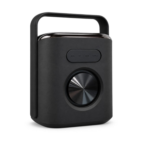 A black Hudson Bluetooth speaker with a rounded handle and a large central dial for volume control.