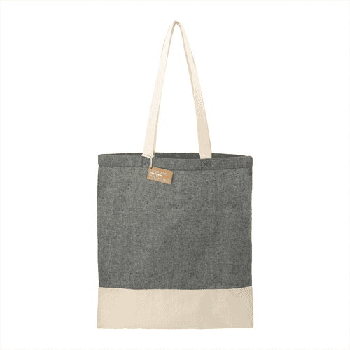 A grey and cream tote bag made from recycled cotton twill, featuring a logo and two sturdy handles. A grey and cream tote bag made from recycled cotton twill, featuring a logo and two sturdy handles.