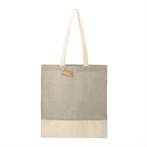 A grey and cream recycled cotton twill tote bag with long handles and a branding tag. A grey and cream recycled cotton twill tote bag with long handles and a branding tag.