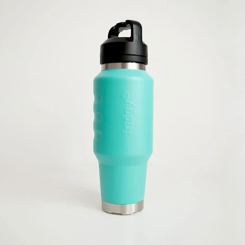 Front angled view of a turquoise insulated 1L water bottle featuring ergonomic finger-grip contours, a stainless steel base, and a carry-handle lid.