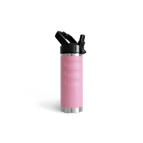 Front angled view of a light pink fridgy® 540ml insulated water bottle featuring a flip-up straw lid, textured grip contours, embossed branding, and a stainless steel base.