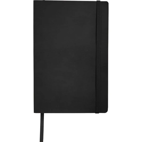 A black soft bound journal with an elastic band and ribbon bookmark, featuring a logo on the cover.