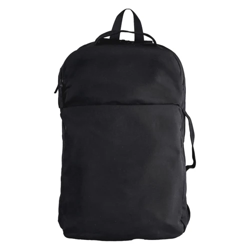 A black backpack with a zippered front pocket and two side straps. It features a top handle and a minimalist design.