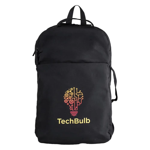 A black backpack featuring a logo with a light bulb design and multicoloured elements.