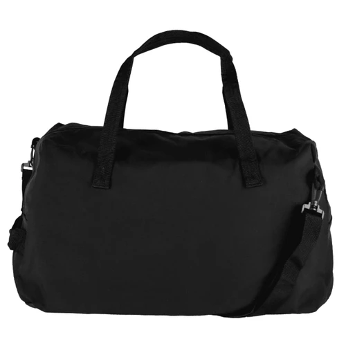 A black duffel bag featuring handles and an adjustable strap, with a logo on the side.
