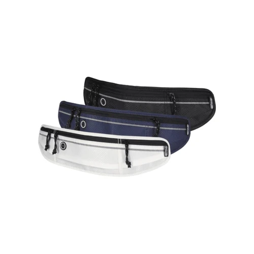 A set of three waist packs in black, navy, and white, featuring zippers and adjustable straps. Each pack has a logo.