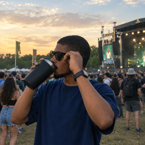 Man in sunglasses drinking from a cup at outdoor music festival stage in background.
