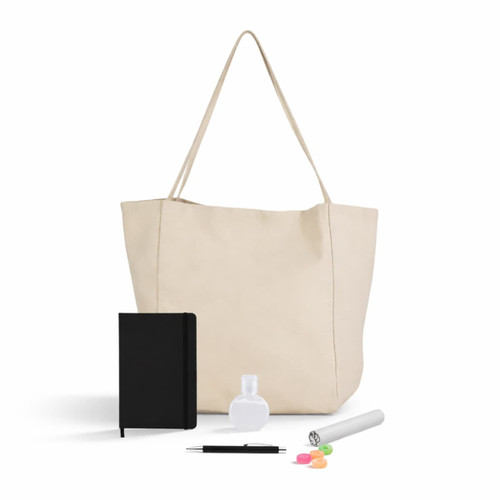 A beige tote bag with a black notebook, a white drink bottle, a black pen, and colourful highlighters.