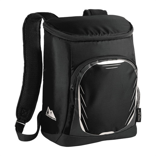 A black cooler backpack featuring a front pocket and mesh shoulder straps, ideal for carrying drinks. A black cooler backpack featuring a front pocket and mesh shoulder straps, ideal for carrying drinks.