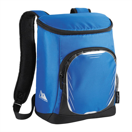 A blue cooler backpack with a front pocket and adjustable straps, designed to hold up to 18 cans. A blue cooler backpack with a front pocket and adjustable straps, designed to hold up to 18 cans.