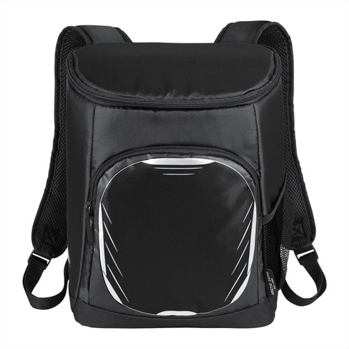 A black cooler backpack with adjustable straps, featuring a front pocket and a logo. Holds 18 cans. A black cooler backpack with adjustable straps, featuring a front pocket and a logo. Holds 18 cans.