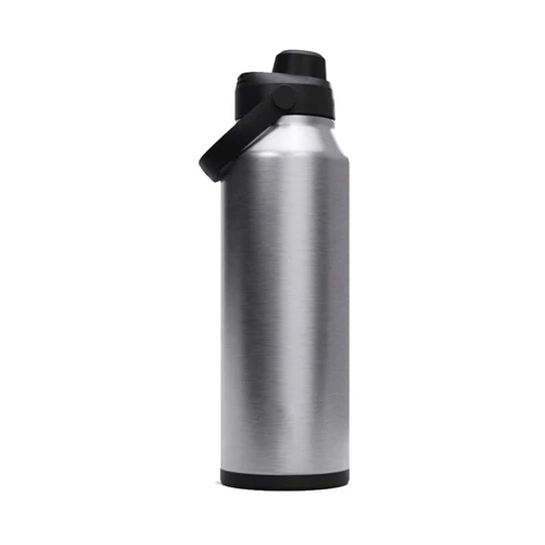 A drink bottle in silver stainless steel with a black lid and handle, featuring a logo on the side.