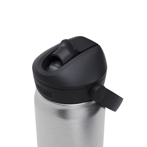A drink bottle in stainless steel with a black lid and flip straw, featuring a logo on the side.