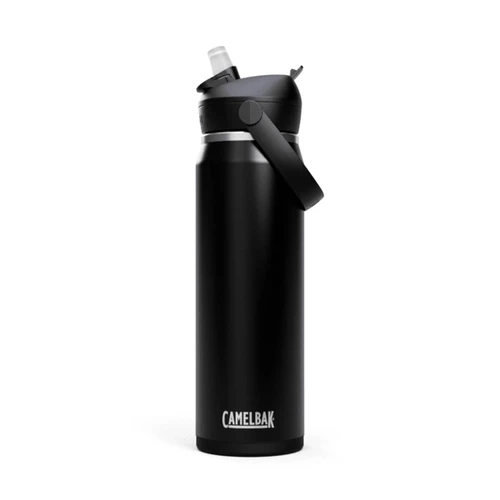 A drink bottle in matte black with a flip straw lid and a carry handle, featuring a logo.