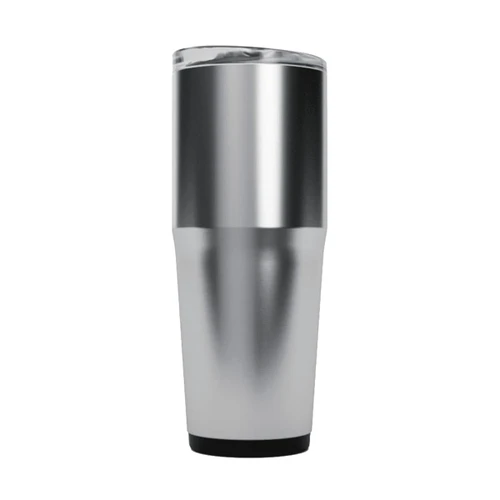 A drink bottle with a sleek silver and stainless steel design featuring a clear lid and a black base. It has a logo.