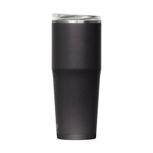 A drink bottle in matte black with a clear lid, featuring a sleek, tapered design and a logo.