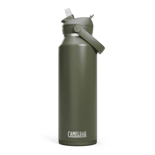 A drink bottle in olive green with a flip straw and a handle, featuring a brand logo.