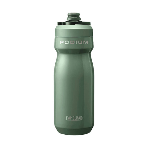 A drink bottle in a muted green colour, featuring a textured body and a screw-on cap, along with a logo.