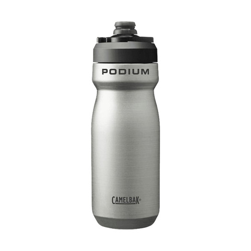 A drink bottle made of insulated steel, featuring a silver finish and a black lid with a logo.