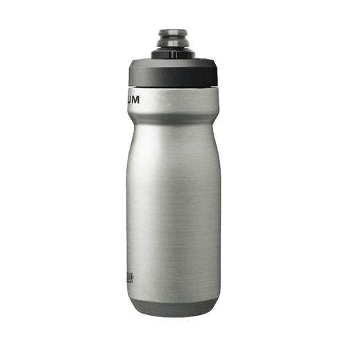 A drink bottle in stainless steel, featuring a black lid and a logo. It's insulated and has a capacity of 0.5L.