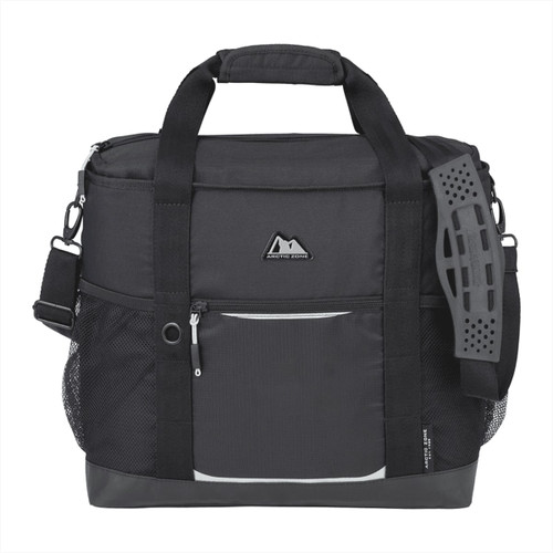 A black cooler bag with a sturdy handle, mesh pockets, and a shoulder strap, featuring a logo on the front. A black cooler bag with a sturdy handle, mesh pockets, and a shoulder strap, featuring a logo on the front.