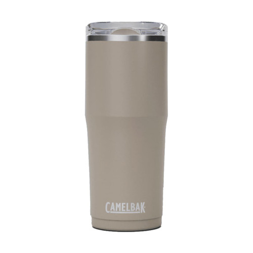 A drink bottle in a light brown shade with a clear lid and a logo.