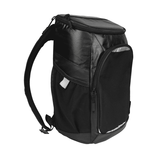 A black cooler backpack with a zippered top, side pocket, and padded straps, featuring a logo.