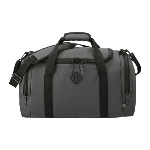 A grey duffel bag made from Repreve recycled material, featuring a shoulder strap and front zipper pockets, with a logo. A grey duffel bag made from Repreve recycled material, featuring a shoulder strap and front zipper pockets, with a logo.