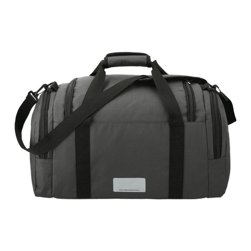 A grey duffel bag made from Repreve recycled material, featuring two handles and a shoulder strap. A grey duffel bag made from Repreve recycled material, featuring two handles and a shoulder strap.