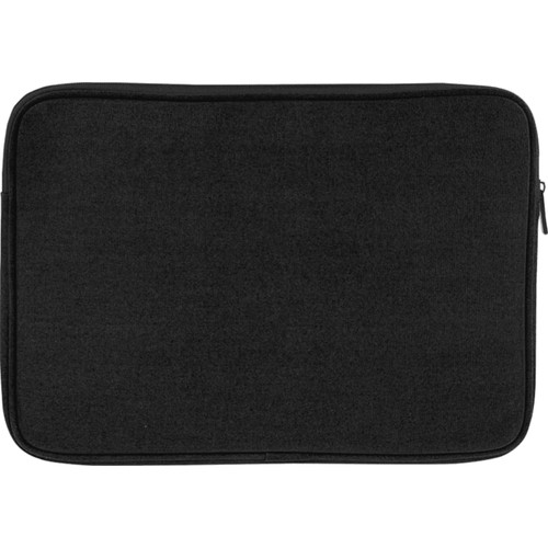 A black recycled canvas laptop sleeve with a zip closure and a plain exterior. A black recycled canvas laptop sleeve with a zip closure and a plain exterior.