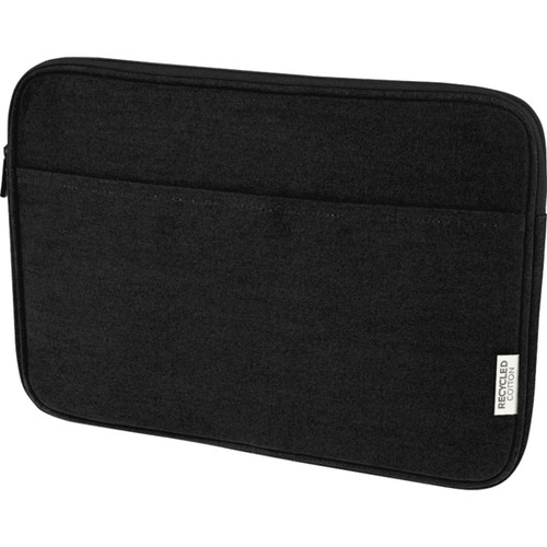 A black recycled canvas laptop sleeve with a zip closure and a pocket on the front. It features a logo. A black recycled canvas laptop sleeve with a zip closure and a pocket on the front. It features a logo.