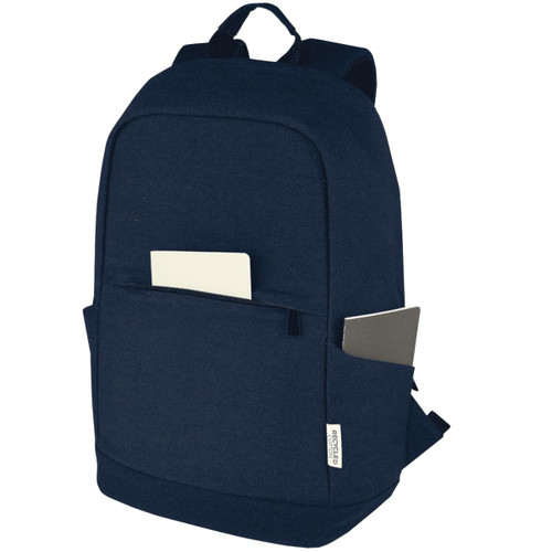 A navy blue laptop backpack with a front pocket and side compartments, featuring a logo on the side. A navy blue laptop backpack with a front pocket and side compartments, featuring a logo on the side.
