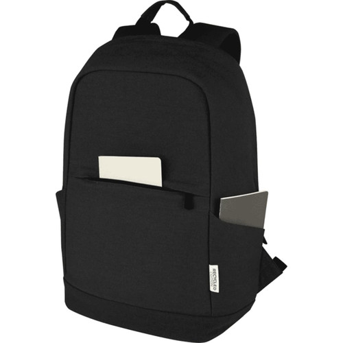 A black recycled canvas laptop backpack with two side pockets, designed for anti-theft and holds a laptop up to 15 inches. A black recycled canvas laptop backpack with two side pockets, designed for anti-theft and holds a laptop up to 15 inches.