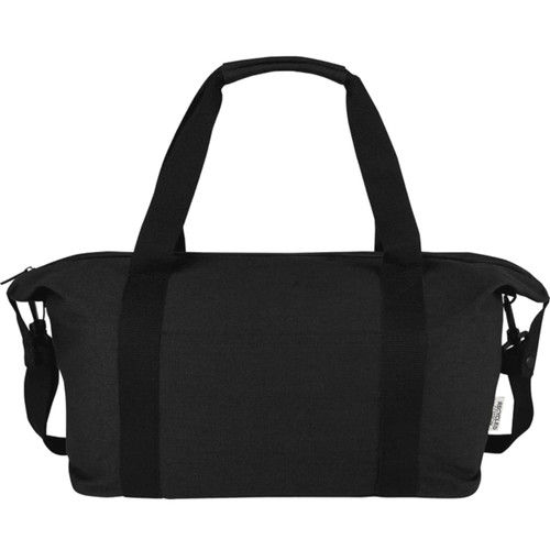 A black recycled canvas sports bag with dual handles and a removable shoulder strap. Features a logo on the side. A black recycled canvas sports bag with dual handles and a removable shoulder strap. Features a logo on the side.