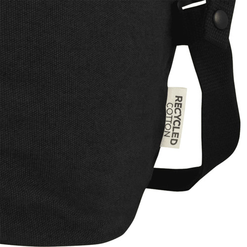 A black recycled canvas sports bag with a shoulder strap and a small tag. A black recycled canvas sports bag with a shoulder strap and a small tag.