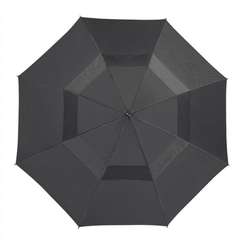 A black, recycled golf umbrella with an octagonal shape, featuring a central hub and a brand logo. A black, recycled golf umbrella with an octagonal shape, featuring a central hub and a brand logo.